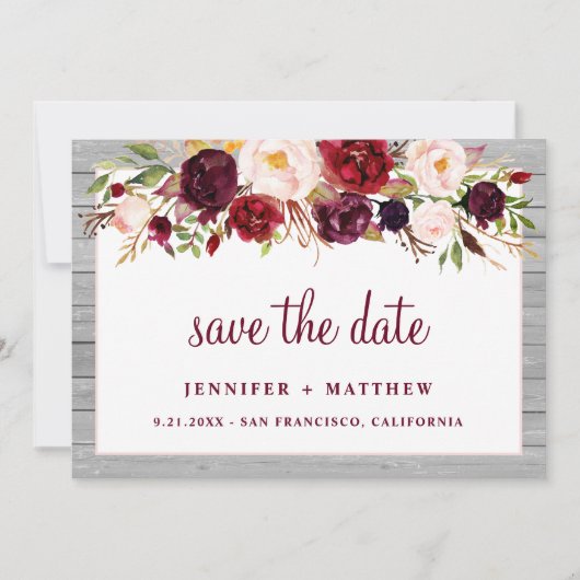 Rustikale Burgunder Blush Bloral Pink Border Weddi Save The Date (Vorderseite)