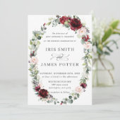Rustikale Burgunder Blush Blumenstrauß Leafy Weddi Einladung (Stehend Vorderseite)