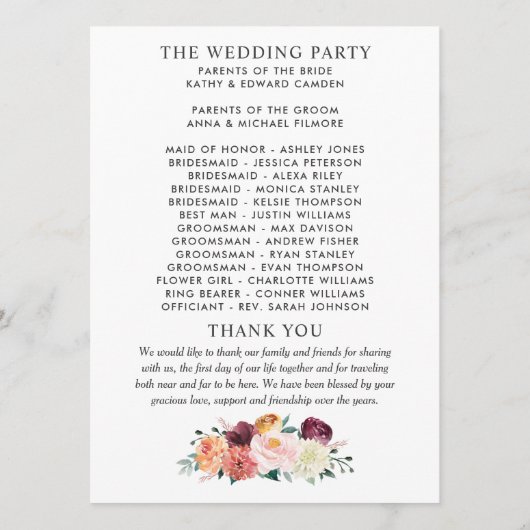 Rustikale Burgunder Blush Fall Blumenzeremonie Programm (Rückseite)