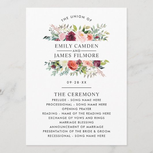 Rustikale Burgunder Blush Fall Blumenzeremonie Programm (Vorderseite)