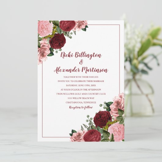 Rustikale Burgunder Blush Pink Bläserblüte Weiße H Einladung (Stehend Vorderseite)