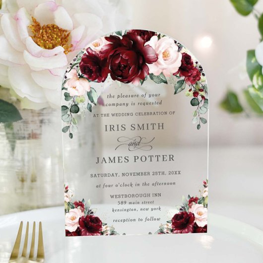 Rustikale Burgunder Blush Rose Arch Wedding Acryleinladungen