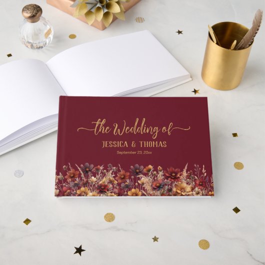 Rustikale Burgunder Boho-Chic-Wildblumen-Hochzeit Gästebuch (Vorderseite Offen)