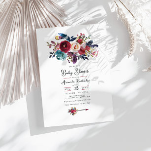 Rustikale Burgunder-Boho-Floral-Babyparty Einladung