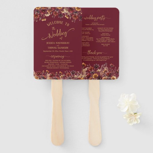 Rustikale Burgunder-Boho-Wildblumen-Hochzeitsprogr Fächer (Vorne und Hinten)