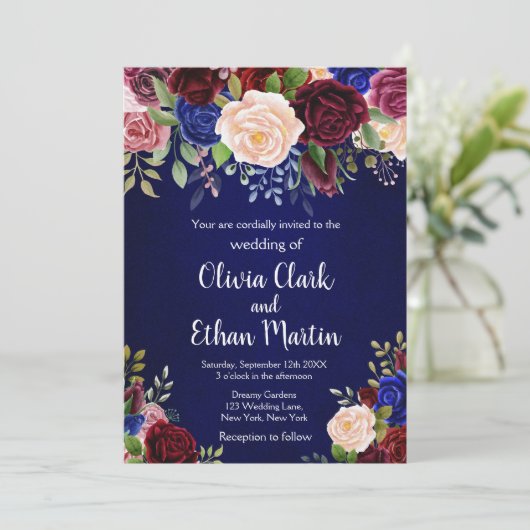 Rustikale Burgunder-Marine Einladung (Stehend Vorderseite)