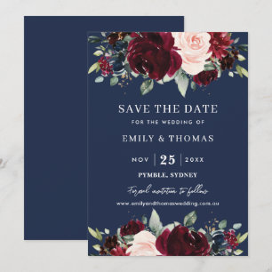 Rustikale Burgunder-Rosa-Navy-Blumen-Hochzeit Save The Date