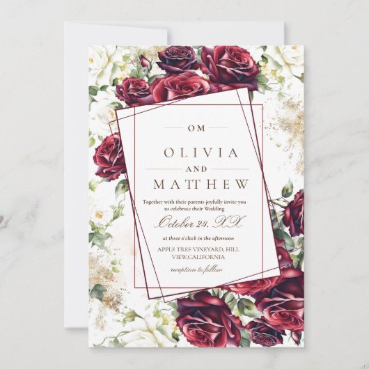 Rustikale Burgunder-Rose und Hochzeiten mit Goldfl Einladung (Vorderseite)