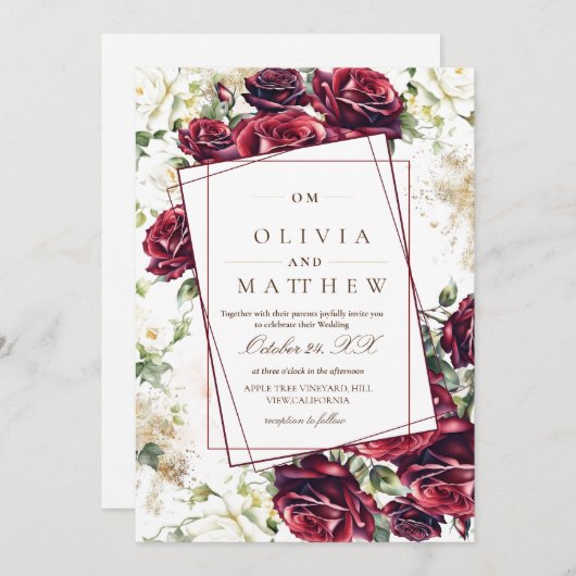 Rustikale Burgunder-Rose und Hochzeiten mit Goldfl Einladung (Vorne/Hinten)