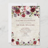 Rustikale Burgunder Wasserfarbenblütenhochzeit Einladung (Vorderseite)