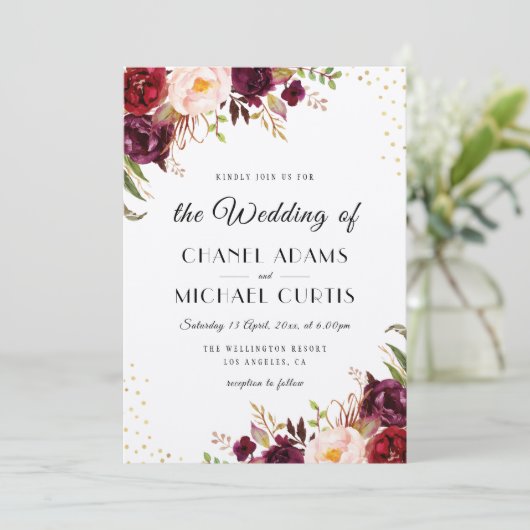 rustikale burgundische Hochzeitseinladung Einladung (Stehend Vorderseite)