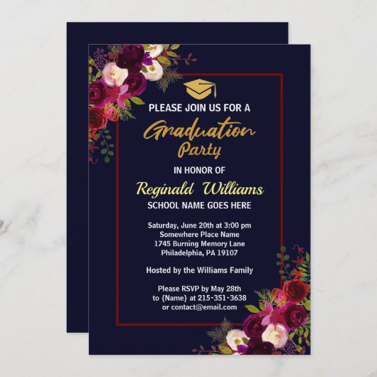 Rustikale Burgundy Bloral Graduation Party Einladung (Vorne/Hinten)