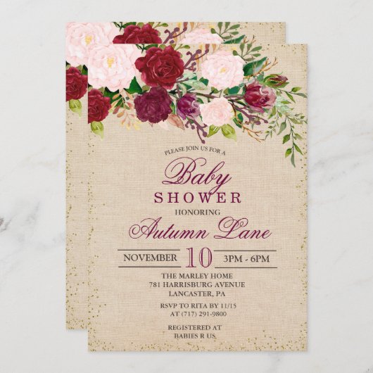 Rustikale Burgundy Blumendusche Einladung (Vorne/Hinten)