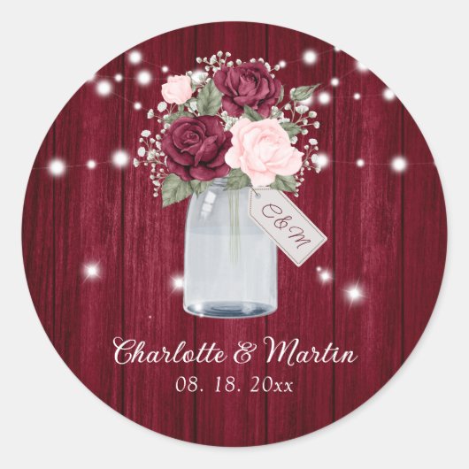 Rustikale Burgundy Blush Monogram Floral Wedding Runder Aufkleber (Vorderseite)