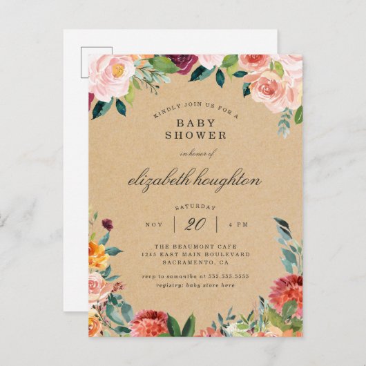 Rustikale Burgundy Blush Pink Floral Baby Dusche Einladungspostkarte (Vorne/Hinten)