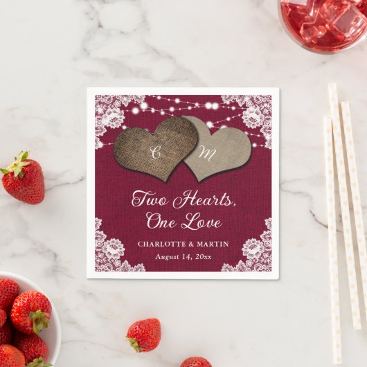 Rustikale Burgundy Burlap Lace String Lights Hochz Serviette (Beispiel)