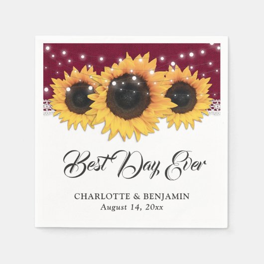 Rustikale Burgundy Burlap Lace Sunflower Wedding Serviette (Vorderseite)