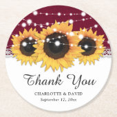 Rustikale Burgundy Burlap Sonnenblume Hochzeit Runder Pappuntersetzer (Vorderseite)