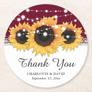 Rustikale Burgundy Burlap Sonnenblume Hochzeit Runder Pappuntersetzer