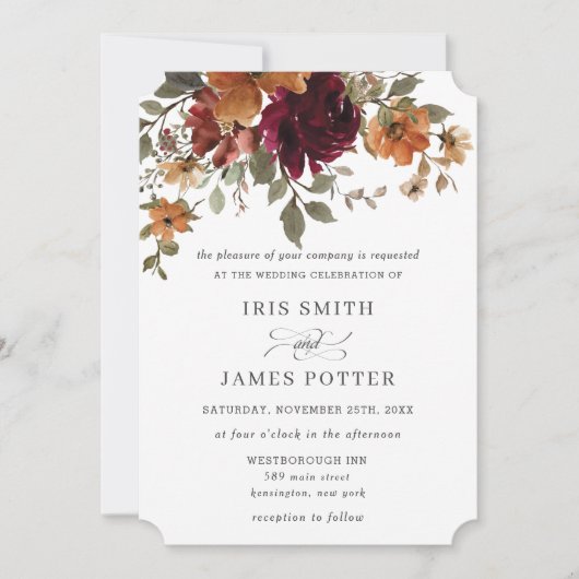 Rustikale Burgundy Burnt Orange Rust Floral Weddin Einladung (Vorderseite)