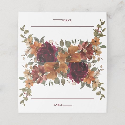 Rustikale Burgundy Burnt Orange Rust Floral Weddin Platzkarte (Außenseite Aufgefaltet)
