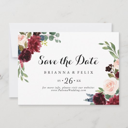 Rustikale Burgundy Calligraphy Horizontal Wedding Save The Date (Vorderseite)