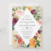 Rustikale Burgundy Fall Floral Diamond Wedding Einladung (Vorderseite)