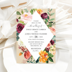 Rustikale Burgundy Fall Floral Diamond Wedding Einladung