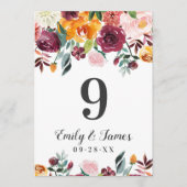 Rustikale Burgundy Fall Floral Wedding Tischnummer (Vorderseite)