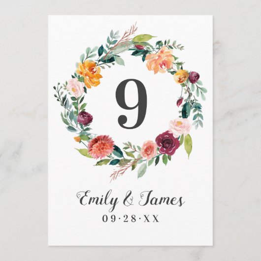 Rustikale Burgundy Fall Floral Wedding Tischnummer (Rückseite)