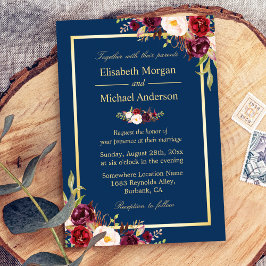 Rustikale Burgundy Floral Gold Navy Blue Wedding Einladung