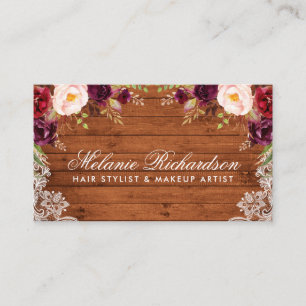 Rustikale Burgundy Floral Lace Wood Business Card Terminkarte
