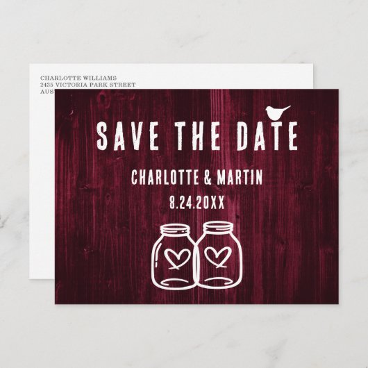 Rustikale Burgundy-Hochzeit rettet das Datum Ankündigungspostkarte (Vorne/Hinten)