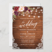 Rustikale Burgundy Lights Lace Calligraphy Wedding Einladung (Vorderseite)