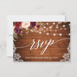 Rustikale Burgundy Lights Lace Calligraphy Wedding RSVP Karte