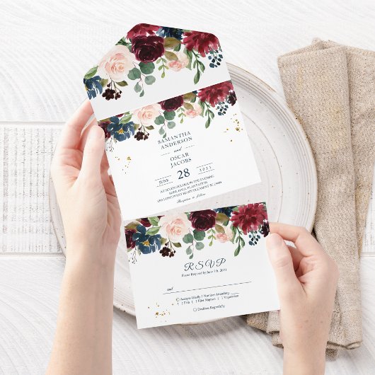 Rustikale Burgundy Navy Blue & Red Beauty Blume All In One Einladung
