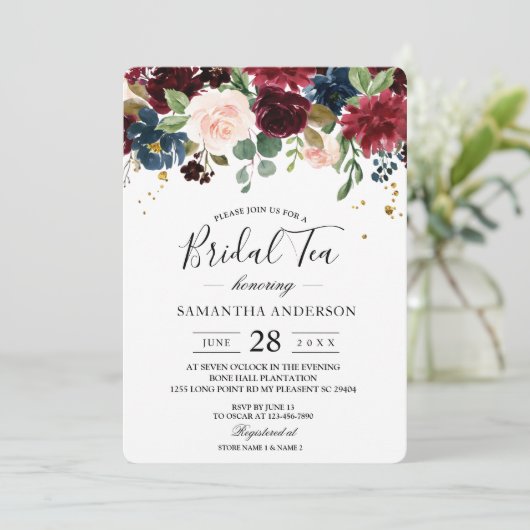 Rustikale Burgundy Navy Blue & Red Beauty Blume Einladung (Stehend Vorderseite)