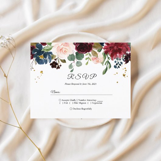 Rustikale Burgundy Navy Blue & Red Beauty Blume Einladungspostkarte