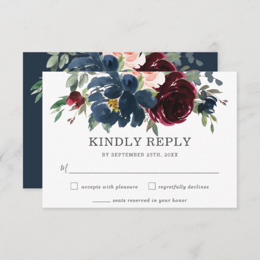 Rustikale burgundy Navy Pink Floral Wedding RSVP C (Vorne/Hinten)