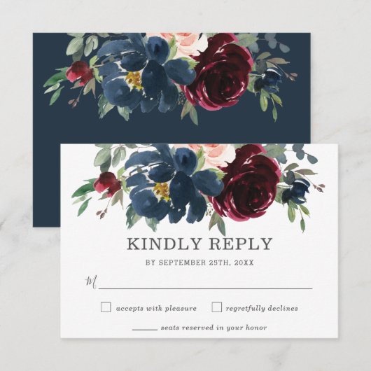 Rustikale burgundy Navy Pink Floral Wedding RSVP C Karte (Vorne/Hinten)