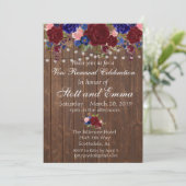 Rustikale Burgundy Navy Wood Vow Renewal Blume Einladung (Stehend Vorderseite)
