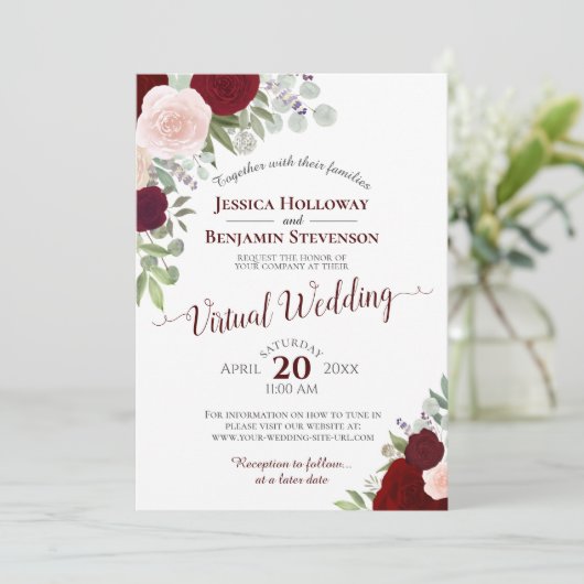 Rustikale Burgundy Red & Pink Virtual Wedding Einladung (Stehend Vorderseite)