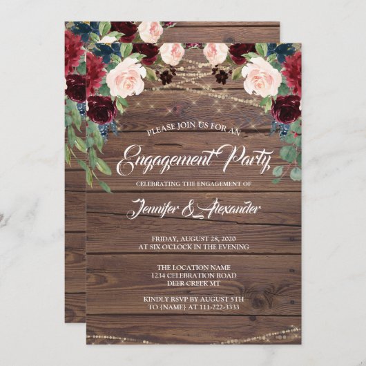 Rustikale Burgundy Wood Marsala Engagement Party Einladung (Vorne/Hinten)