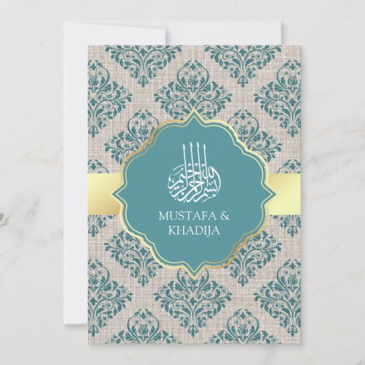 Rustikale Burlap-Aquamarin Damaskus-Hochzeit Einladung (Vorderseite)