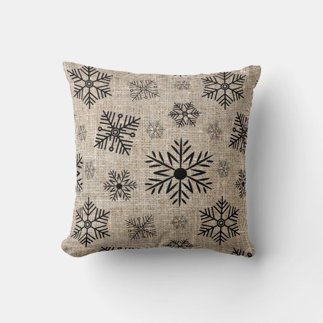 Rustikale Burlap Black Snowflakes Weihnachten Kissen (Vorderseite)