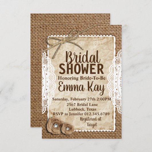 Rustikale Burlap Bridal Dusche Einladung (Vorne/Hinten)