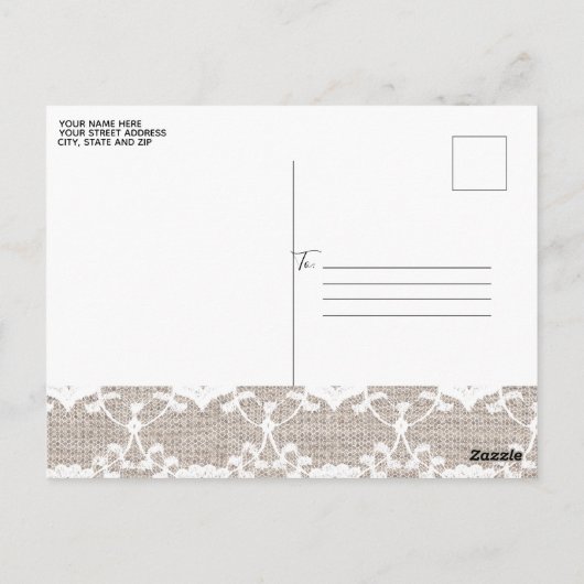 Rustikale Burlap Bridal Dusche Einladung Postkarte (Rückseite)