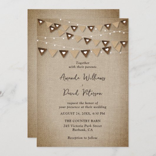 Rustikale Burlap-Bunting-String-Lights Einladung (Vorne/Hinten)