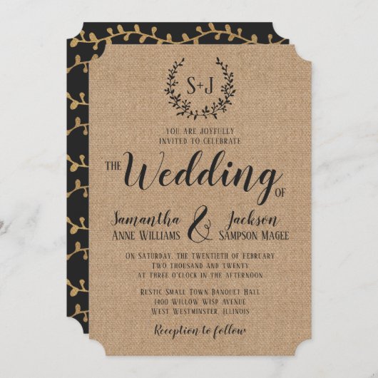 Rustikale Burlap Elegant Black Typografy Wedding Einladung (Vorne/Hinten)