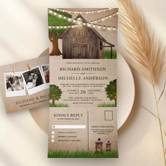 Rustikale Burlap Farm Holz Stall String Lights Hoc Dreifach Gefaltete Einladung